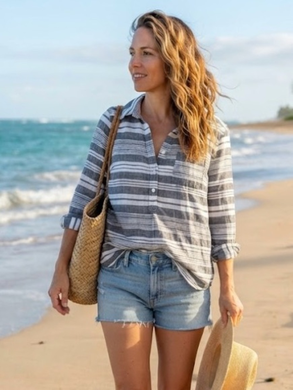 Merona Grey White Striped Lightweight 100% Cotton Long Sleeve Button-Down Shirt